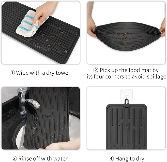 Ptlom Pet Placemat for Dog and Cat, Mat for Prevent Food and Water Overflow, Suitable for Medium and Small Pet, Black, Silicone