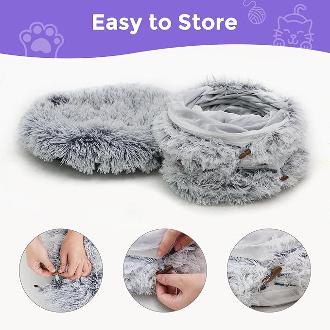Plush Cat Tunnel Bed for Indoor Cats with Soft Cushion, Multi-Shape Play Cave with Hanging Balls, Large and Foldable Cat Donut Tunnel for Small and Large Pets (Grey)