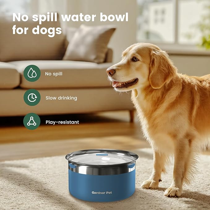 Gardner Pet Dog Bowls 1 Gallon (3.85L) Stainless Steel No Spill Dog Water Bowl, Slow Water Feeder Metal Bowls, Spill Proof Water Dispenser for Large Dogs, Promotes Healthy Hydration(Black)