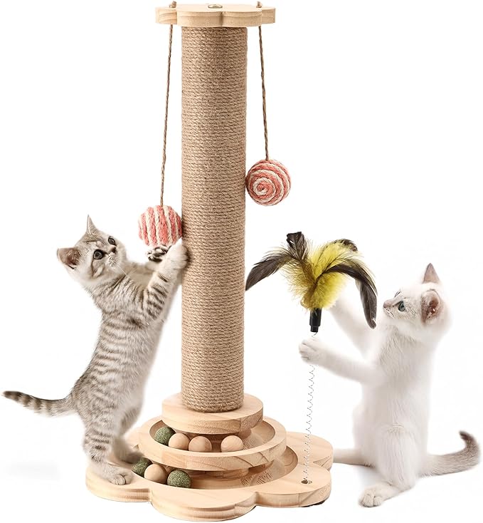 Kitten Small Cat Scratching Post Sisal Scratch Post for Indoor Cat with Hanging Ball,Solid Wooden 2 Level Track,Interactive Cat Toy