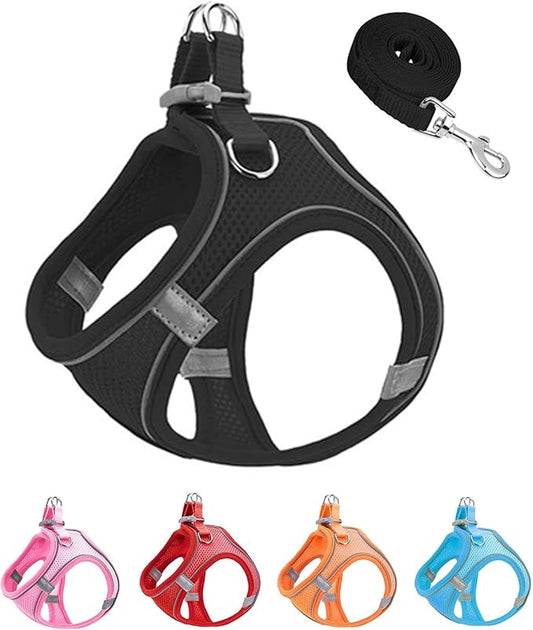 M Black Soft Mesh Dog Harness and Leash Set,No Escape Puppy Harnesses for Training Walking, Reflective Adjustable Puppy Vest for Small Medium Dogs, Cats (Black, M)