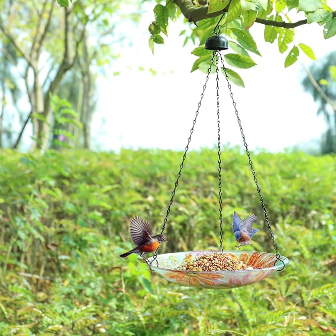 MUMTOP Hanging Bird Bath-Bird Baths for Outdoors - 12 Inch Watercolour Daisy Glass Bird Water Bowl Bird Feeders for Outside, Garden, Lawn Yard Decor
