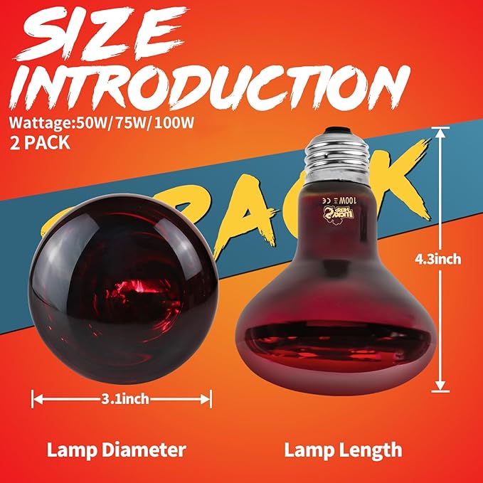 LUCKY HERP Infrared Heat Lamp 100W 2 Pack,Reptile & Amphibian Basking Spot Light Bulbs, Red Heat Lamp Bulbs for Reptiles, Bearded Dragon, Turtle, Lizard, Snake, Chicken