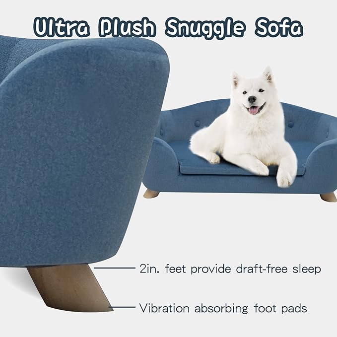 SHAVI Large Dog Couch, 35" Wide Pet Sofa for Large and Medium Dogs with Removable Mattress Cover, Luxury Raised Dog Couch Velvet Lounging Bed with Anti-Slip Bottom(Blue)