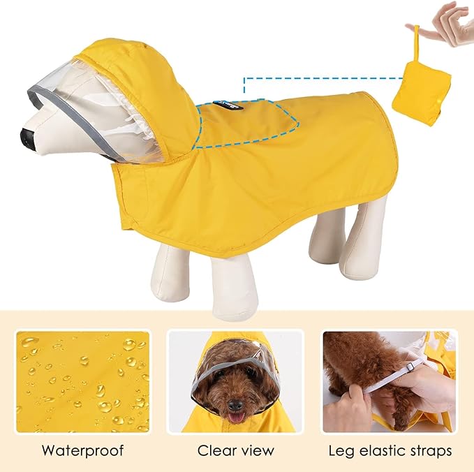 Lukovee Dog Raincoat, Adjustable Dog Rain Jacket with Clear Hooded Double Layer for Large Medium Small Dogs Puppies, Waterproof Rain Coat Poncho with Reflective Storage Pocket & Rim (Yellow, XXL)