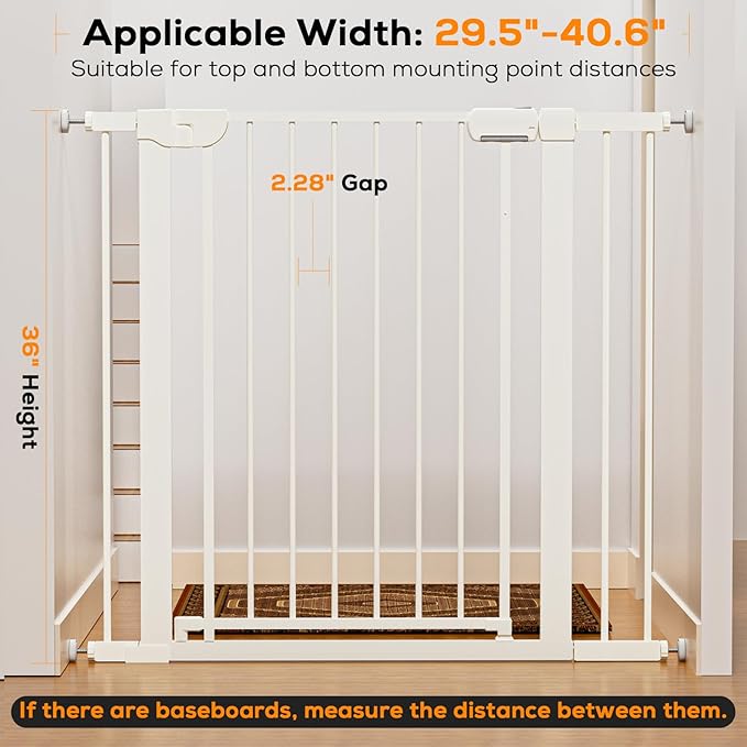 MUTAK 29.5-40.6" Baby Gate for Stairs, Pressure Mounted Dog Gate Indoor, Auto Close Pet Gate for Doorways No Drilling, Easy Install Baby Essentials with Large Walk Thru Door, White