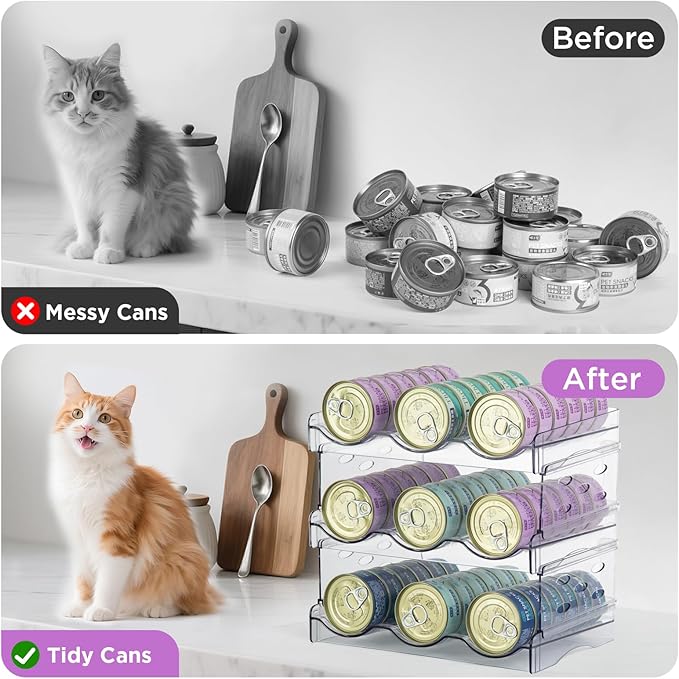 REFLYING Cat Food Can Organizer, 3-Layer Transparent Cat Food Storage Container Holds 54 (3.5oz) Cans, Canned Cat Food Organizer and Storage for Countertop Kitchen Cabinet or Pantry Shelf(3 Layer)