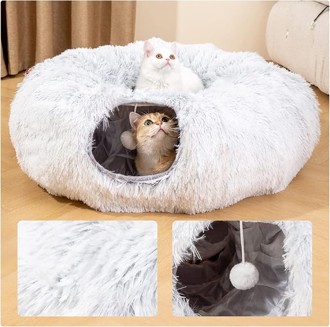 HIPIPET Winter Plush Cat Tunnel with Cat Bed for Indoor Cats,Multifunctional Cat Toys for Small Medium Large Cat.