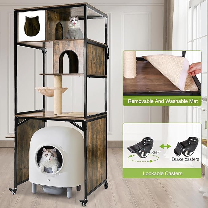 Cat Litter Box Enclosure, Wooden Cat Tree with Hidden Litter Box Enclosure, Indoor Cat House with Condo, Hammock Scratching Mat and Storage Shelves (Dark Brown with Wheel, Medium)