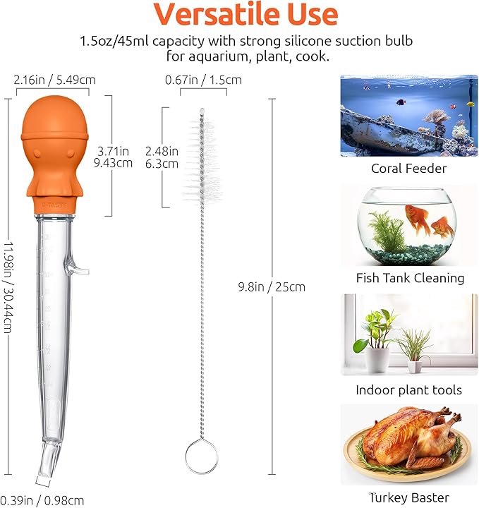U-Taste Aquarium Pipette Cleaner: 1.5oz Coral Feeder for Fish Tank Cleaning, Manual Feeding Tube, Food Grade Siphon Dropper, Waste Remover with Strong Suction & Stand & Brush (11.98in, Orange)