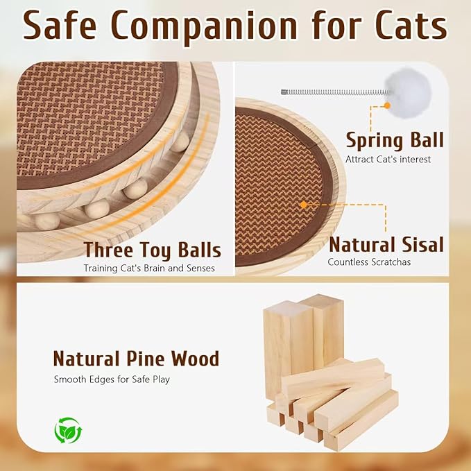 Cat Scratch Pad with Natural Sisal, Kitten Interactive Toy with Ball Track, Cat Wheels for Indoor Cats Toy for Relieves Stress, Cat Scratching Post for Bored