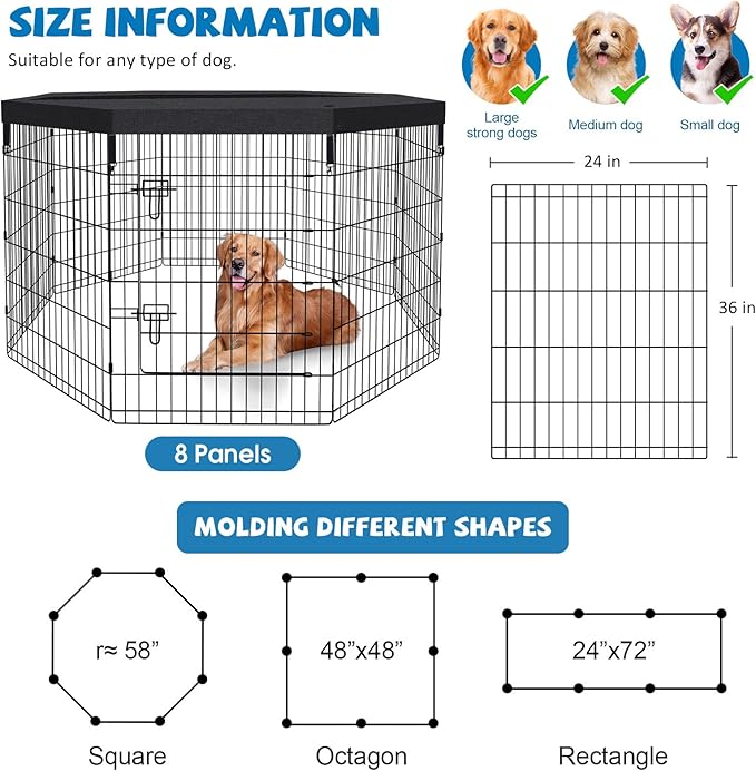 Peekaboo Pet Playpen Dog Fence Foldable Metal Dog Pen Wire Exercise Puppy Play Yard Pet Enclosure Indoor Outdoor 8 Panels 36 Inch with Bottom Pad/Top Cover(Black 36 top Cover)