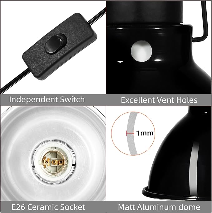 5.5 inch Dome Reptile Light Fixture Reptile Heat Lamp UVB Light Fixture for Bearded Dragon, Lizard, Hermit Crab, Turtle Tank and Terrarium(Max 100W)