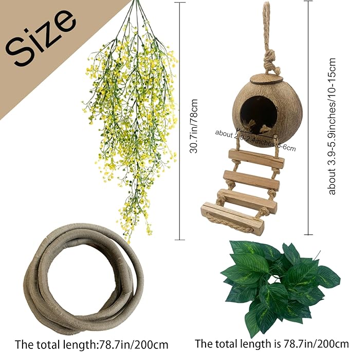 Crested Gecko Coconut Hut with Ladder,Natural Bearded Dragon Coco Den Reptile Shell Hideout Husk Hut Climbing Plants Leaves Tank Accessories for Lizard Chameleon Snakes