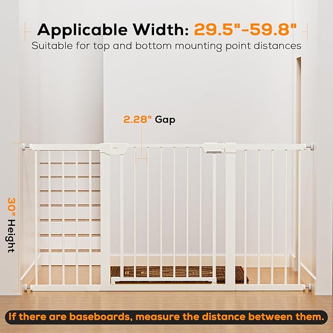 29.5-59.8" Baby Gate for Stairs, Pressure Mounted Dog Gate Indoor, Auto Close Pet Gate for Doorways No Drilling, Easy Install Baby Essentials with Large Walk Thru Door, White