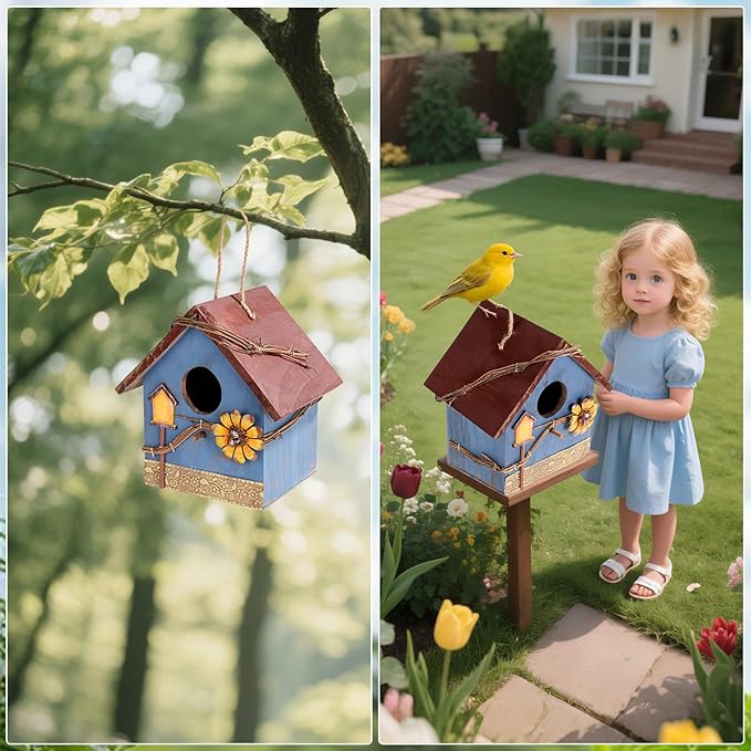 DEWEL Bird Houses for Outside Clearance, Hanging Birdhouses for Outdoors, Garden Wooden Blue Bird Houses for Outdoors, Bird Nesting Box for Bluebird Finch Swallow Wren Chickadee, Gift for Bird Lovers