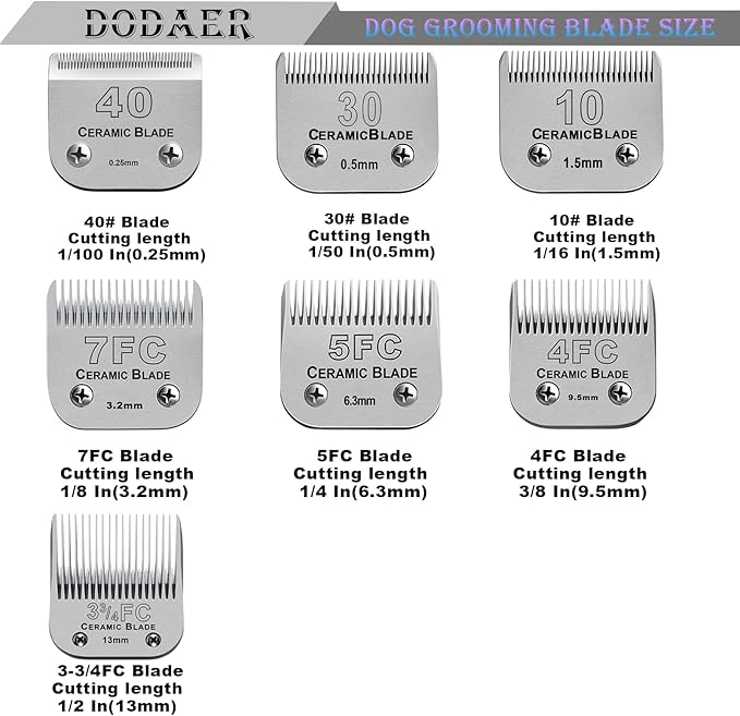 Size 40/30/10/7FC/5FC/4FC/3FC Detachable Pet Dog Grooming Clipper Ceramic Blades Set,Compatible with Andis,Oster A5,Wahl KM10 Series Clippers,Cut Length 1/100"(0.25mm) to 1/2"(13mm),7 Pack