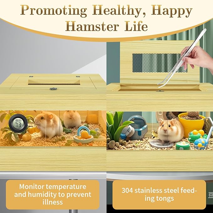 Mini Hamster Cage, Solid Wood Gerbil Cage, Chewproof Hamster Cages and Habitats, Sliding Doors, Top Ventilation Window, Guinea Pig Cages for Small Animals, Dwarf, Syrian, Mice, 20" x 12" x 10"