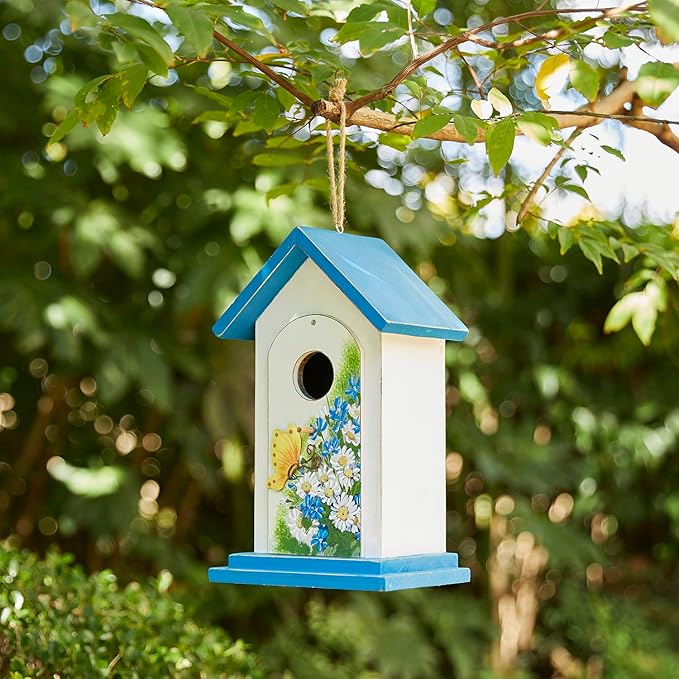 Glitzhome Bird Houses for Outside, 11.75" H Distressed Solid Wood Birdhouses Hummingbird House Daisy with Butterfly Garden Hanging Bird House for Outdoors