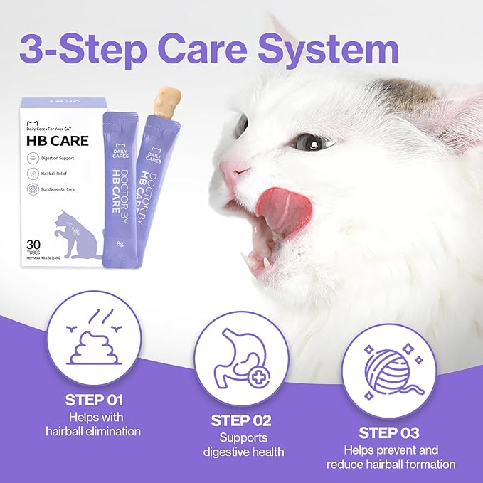 Dr.by HB Care Cat Hairball Supplement-Hairball Treatment for Cats Furball Control Relief Remedy & Digestive Support with Omega-3, Chitosan-30 lickable Formula Individuallly Packaged (1Pack, 30 Count)