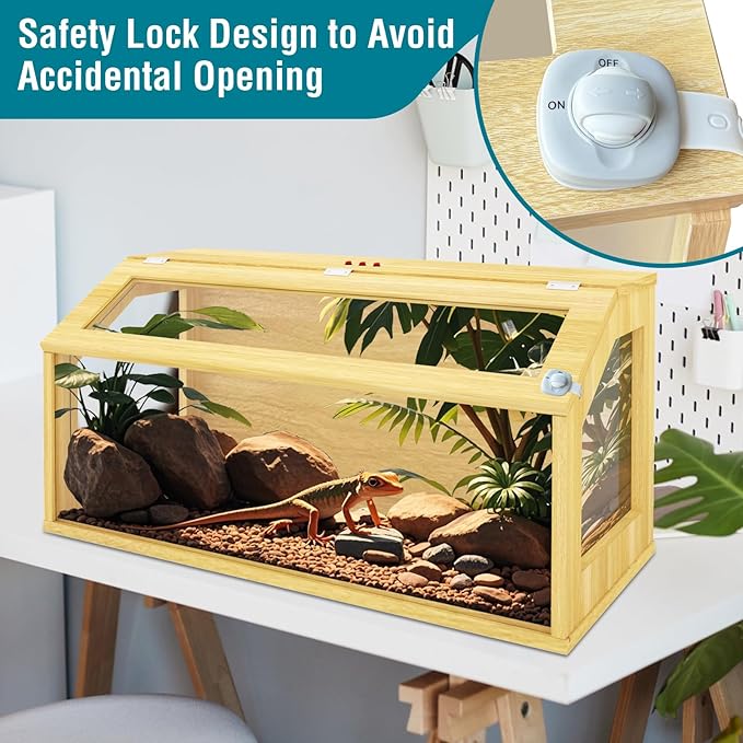 67 Gallon Reptile Tank, Wooden Bearded Dragon Terrarium Tank with Top Ventilation, Large Reptile Enclosure for Snake, Lizard, and Leopard Gecko, Includes Feeding Tongs, 40" L x 20" W x 20" H