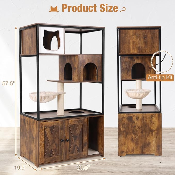 Cat Litter Box Enclosure, Wooden Cat Tree with Hidden Litter Box Enclosure, Indoor Cat House with Condo, Hammock Scratching Mat and Storage Shelves (Brown, Large)
