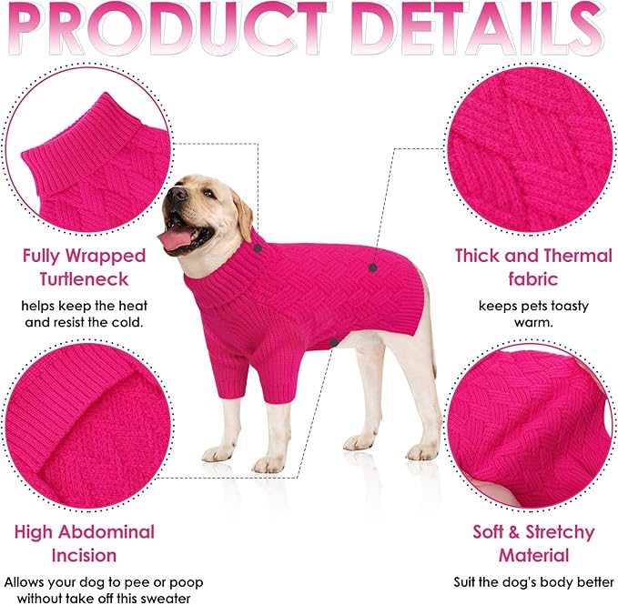 AOFITEE XXL Dog Sweater, Christmas Sweaters for Large Dogs, Warm Turtleneck Dog Sweater for Fall Winter Cold Weather, Solid Dogs Knit Sweatshirt for Golden Retriever, Labrador, Doberman (Rose Red)