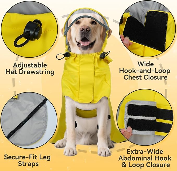 Dora Bridal Dog Raincoat for Large Dogs, Adjustable Clear Hooded Dog Rain Jacket, Waterproof Dogs Rain Coat Poncho with Reflective Strips for Labrador, Golden Retriever, German Shepherd, Yellow,2XL