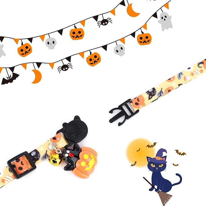 3pcs Halloween Cat Collars with Bells, Polyester Adjustable Breakaway Festive Kitten Puppy Fall Collars Playful Holiday Accessories for Small Dog Kitty Pets (Witch Hat, Pumpkin Cat, Ghost Pattern)