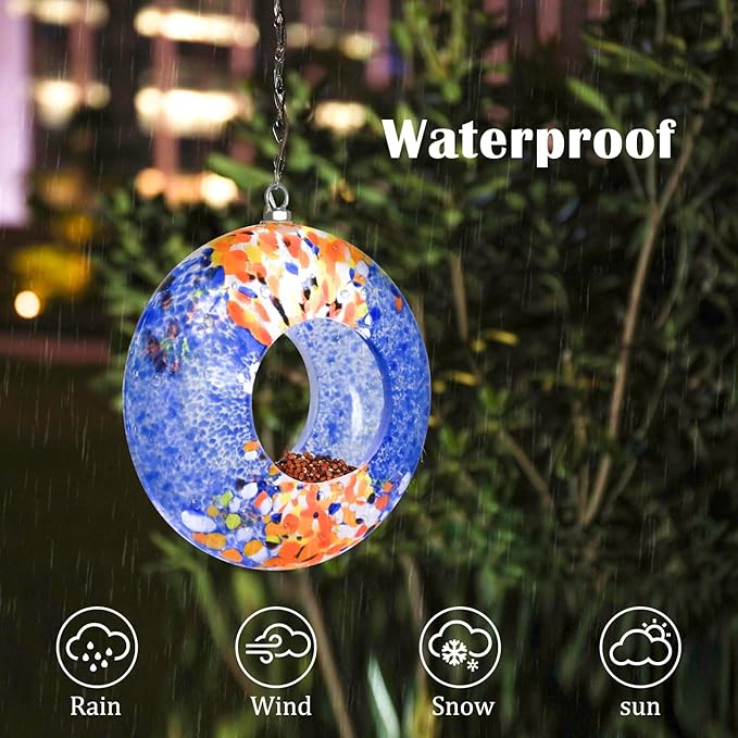 VCUTEKA Bird Feeder Solar Fly Through Bird Feeders for Outside Hanging with Round Shape Glass Container to Attract Wild Birds for Garden Decor, Solar Birdfeeder as Gift for Lovers, Multi 8-Inch