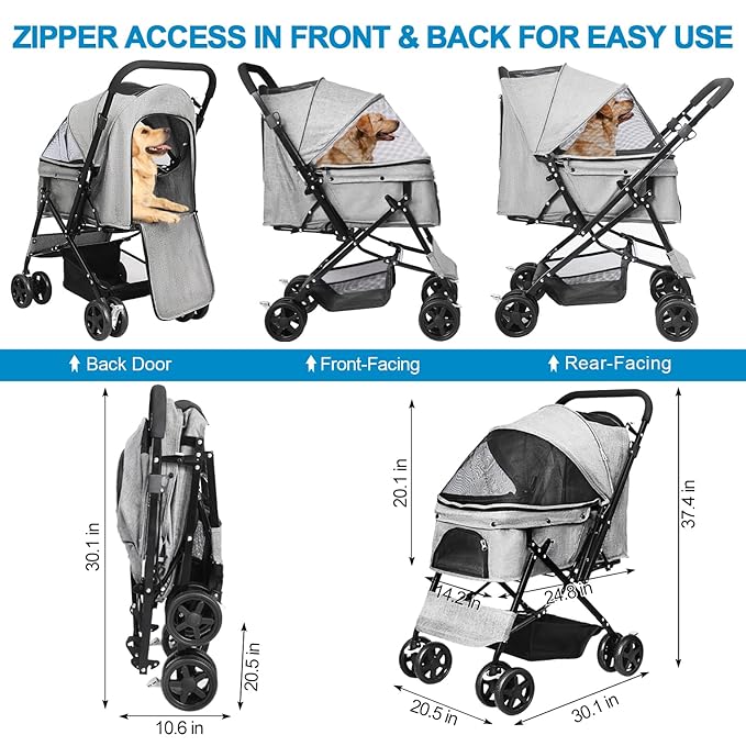 Dog Stroller for Large Medium Dogs & Cats with Reversible Handle, Foldable Pet Stroller Travel Carriage with Large Storage Basket, Gray