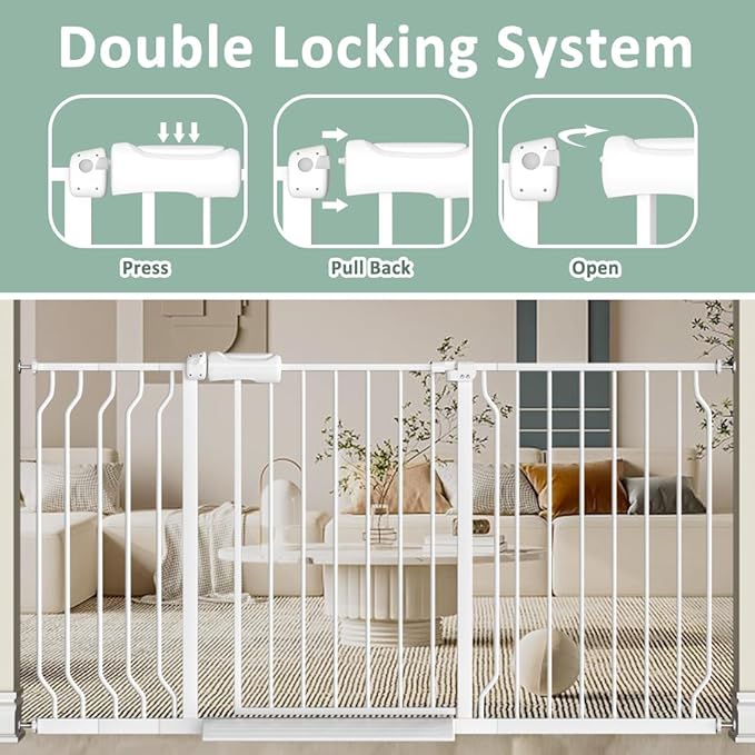 TSAYAWA Walk Through Baby Gate with Door, 53-57.48 Inch Wide Presure Mounted No Drill Metal Auto Close Child Gate for Stair Doorway - Indoor Outdoor Safty Gate for Toddler Dog Doggie, White