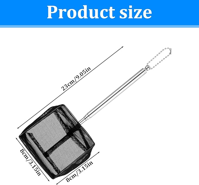 3 Inch Fish Net for Fish Tank, Extendable Aquarium Fishing Net Stainless Steel Handle 6-16 Inch, Fine Mesh Nylon Fishing Nets for Betta Tank, Shrimp, Pond Aquarium