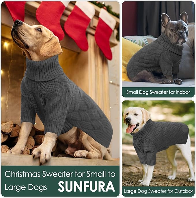 SUNFURA Dog Sweater Large Size Dog, XXL Pet Sweaters for Extra Large Dogs, Doggy Warm Turtleneck Christmas Sweatshirt Cold Weather Knit Pullover for Golden Retriever, Grey XXL
