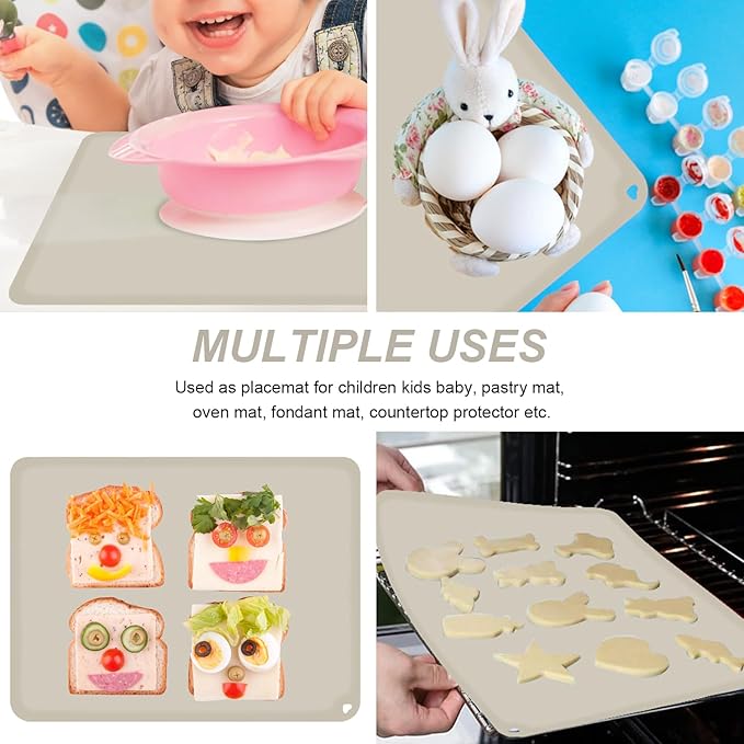 KVK Silicone Placemat for Toddles Kids Non-Slip Reusable Portable Baby Placemats for Restaurant Stain-Proof Children Food Mats Eating Table Mat 2 Pack (Ecru)