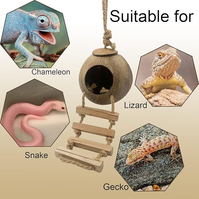 Crested Gecko Coconut Hut with Ladder,Bearded Dragon Coco Den Reptile Shell Hideout Husk Hut Climbing Plants Leaves Tank Accessories for Lizard Chameleon Snakes