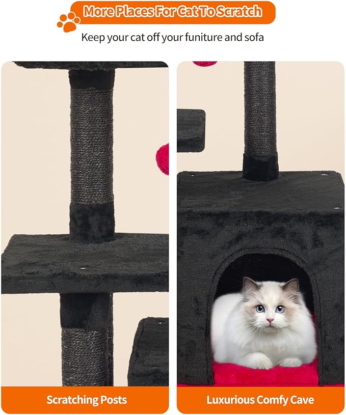 FISH&NAP Cute Cat Tree Kitten Cat Tower for Indoor Cat Condo Sisal Scratching Posts with Jump Platform Cat Furniture Activity Center Play House RedBlack