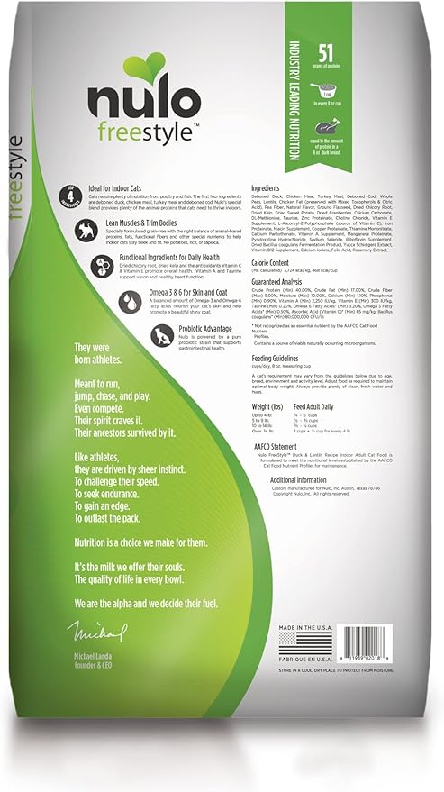 Nulo FreeStyle High Protein Indoor Cat Food, Duck & Cod Recipe - Natural Grain-Free Dry Indoor Cat Food with Omega Fatty Acids, & Probiotics, 14 lb Bag