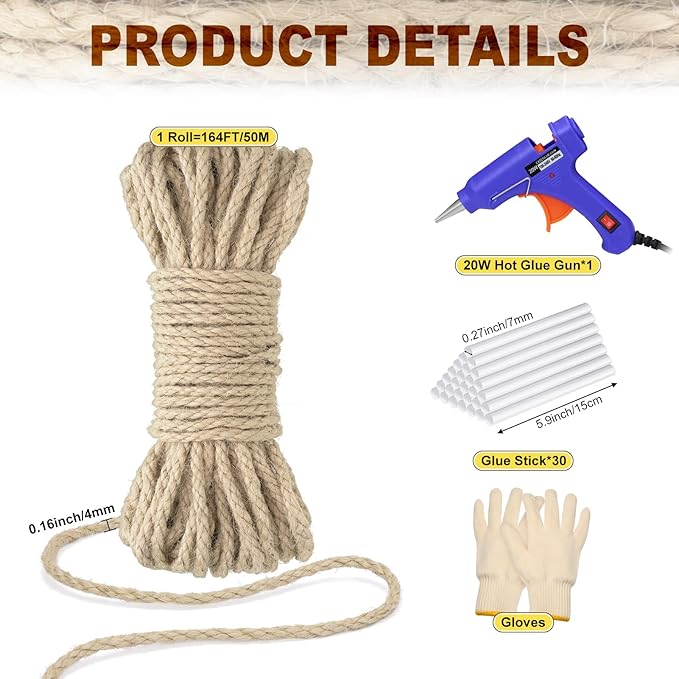 164 FT Sisal Rope for Cat Scratcher Kits, 4MM Natural Hemp Twine Rope Replacement for Cat Scratching Post Repairing Scratcher Cat Tree Tower Toys Indoor DIY Craft with Hot Glue Gun and Glue Sticks