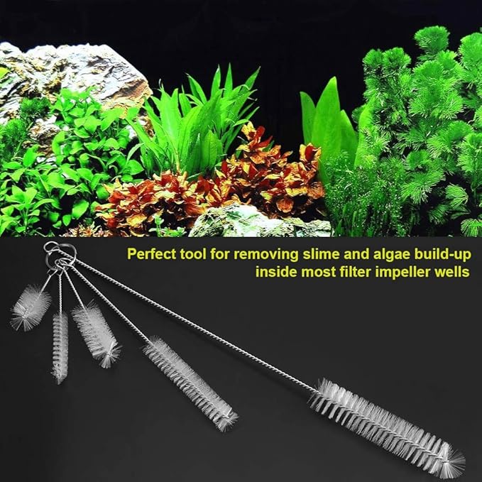 FDIT 5 Pcs Stainless Steel White Aquarium Cleaning Brush,Fish Tube Washing Brush Cleaner Clean Tool Set