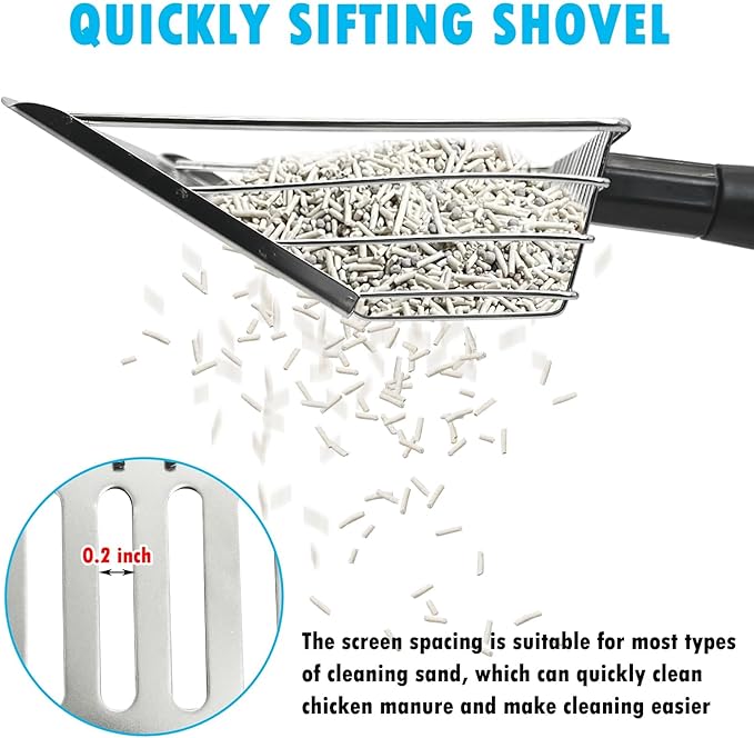 PINVNBY Stainless Steel Chicken Poop Scooper 3 in 1 Adjustable Long Handle Poop Scooper for Chicken(21.8" to 38.6") Multifunctional Chicken Coop Cleaning Tools Sifting Shovel Chicken Coop Accessories