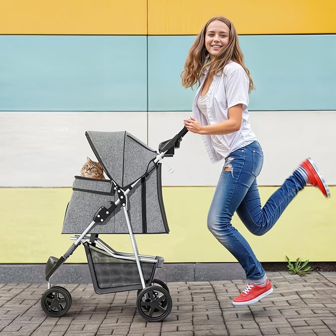 MoNiBloom 3 Wheels Pet Dog Cat Stroller for Small Medium Dogs and Cats, Lightweight Foldable Jogger Stroller w/Storage Basket and Cup Holder, Gray