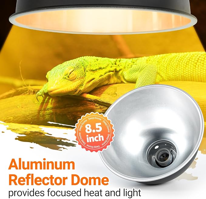 Oiibo 8.5 Inch Reptile Light Fixture with Dimming/Separate Switches, 2 Packs Deep Dome Lamp Cap Reflector Cover, UVB Light Heat Lamp Fixture for Reptile Glass Terrariums, Max 150W Black