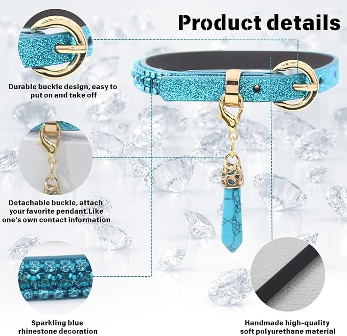 PEARLY JUN Rhinestone Dog Collars for Small Dogs Cat, XS Blue Bling Diamond Cat Collar Cute Luxury Crystal Pet Puppy