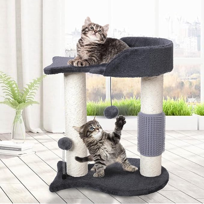 Cat Tree Tower, Multifunction Cat Scratching Post for Indoor Cats Featuring with Fish-Shaped Rest Platform Cat Self Groomer Danging Ball Spring Ball, Grey