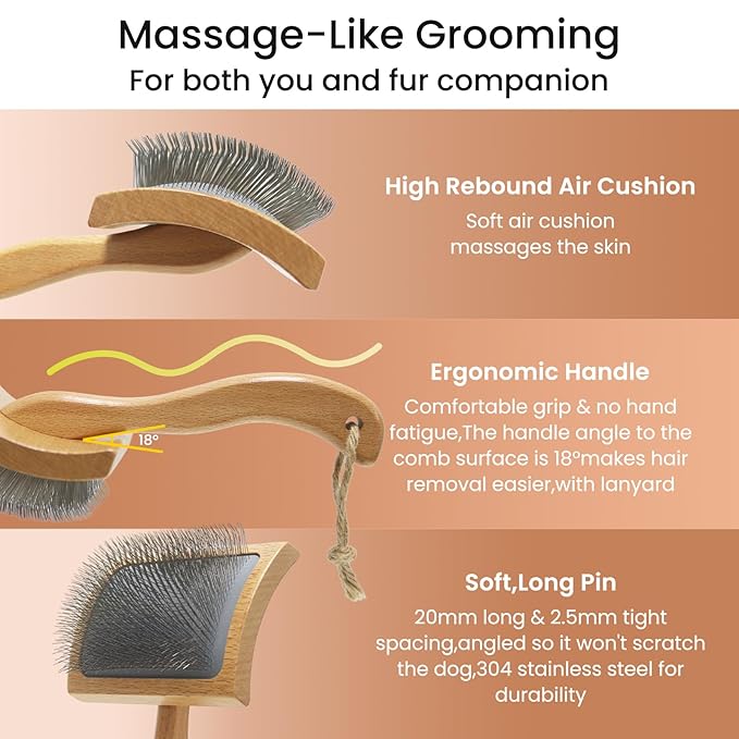 Dog Slicker Brush for Shedding,Dog Brush for Long Haired Dogs & Remove Tangles & Mats,Ergonomic Handle Grooming Like Professional,Beech Wood,M
