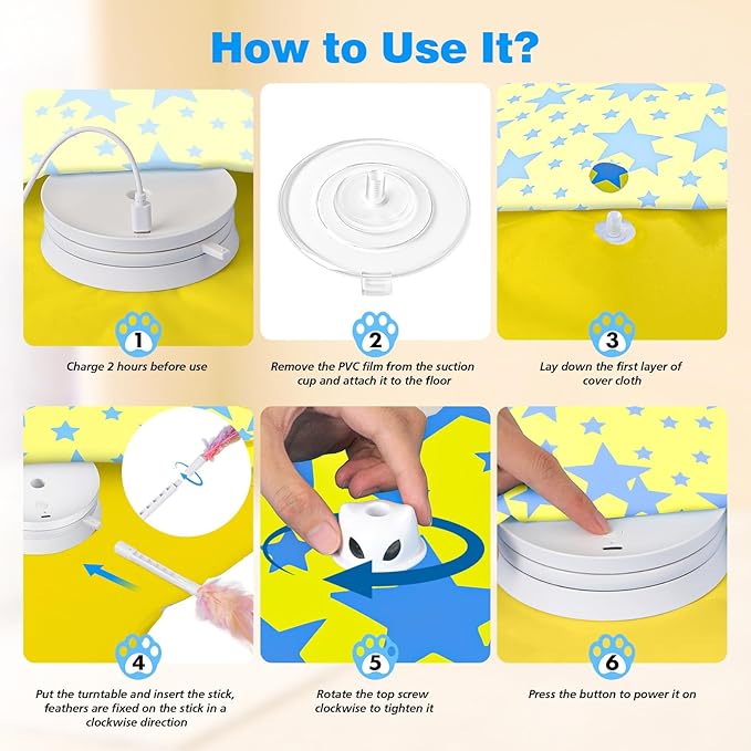 Interactive Cat Toys for Indoor Cats, Rechargeable Hide and Seek Cat Toy with Moving Concealed Feathers, Touch Activated Kitten Toys Cat Exercise Toys, Yellow Blue Cover