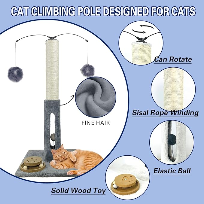 31" Cat Scratching Post Kitten Toys for Indoor Cats Interactive Scratcher with Tracking Ball, Sisal Scratch Rope for Large Cats,Sturdy Base Cat Scratch Post, (Gray, 31" H)