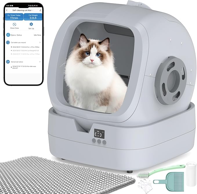 Automatic Self-Cleaning Cat Litter Box with APP-Controlled, Weight Tracking โ 86L Ultra-Quiet, Smart Health Monitor, and Safe Anti-Pinch Design (Assembly Required) -Light Grey