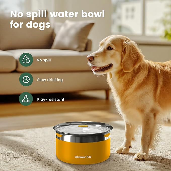 Gardner Pet Dog Bowls 1 Gallon (3.85L) Stainless Steel No Spill Dog Water Bowl, Slow Water Feeder Metal Bowls, Spill Proof Water Dispenser for Large Dogs, Promotes Healthy Hydration(Black)
